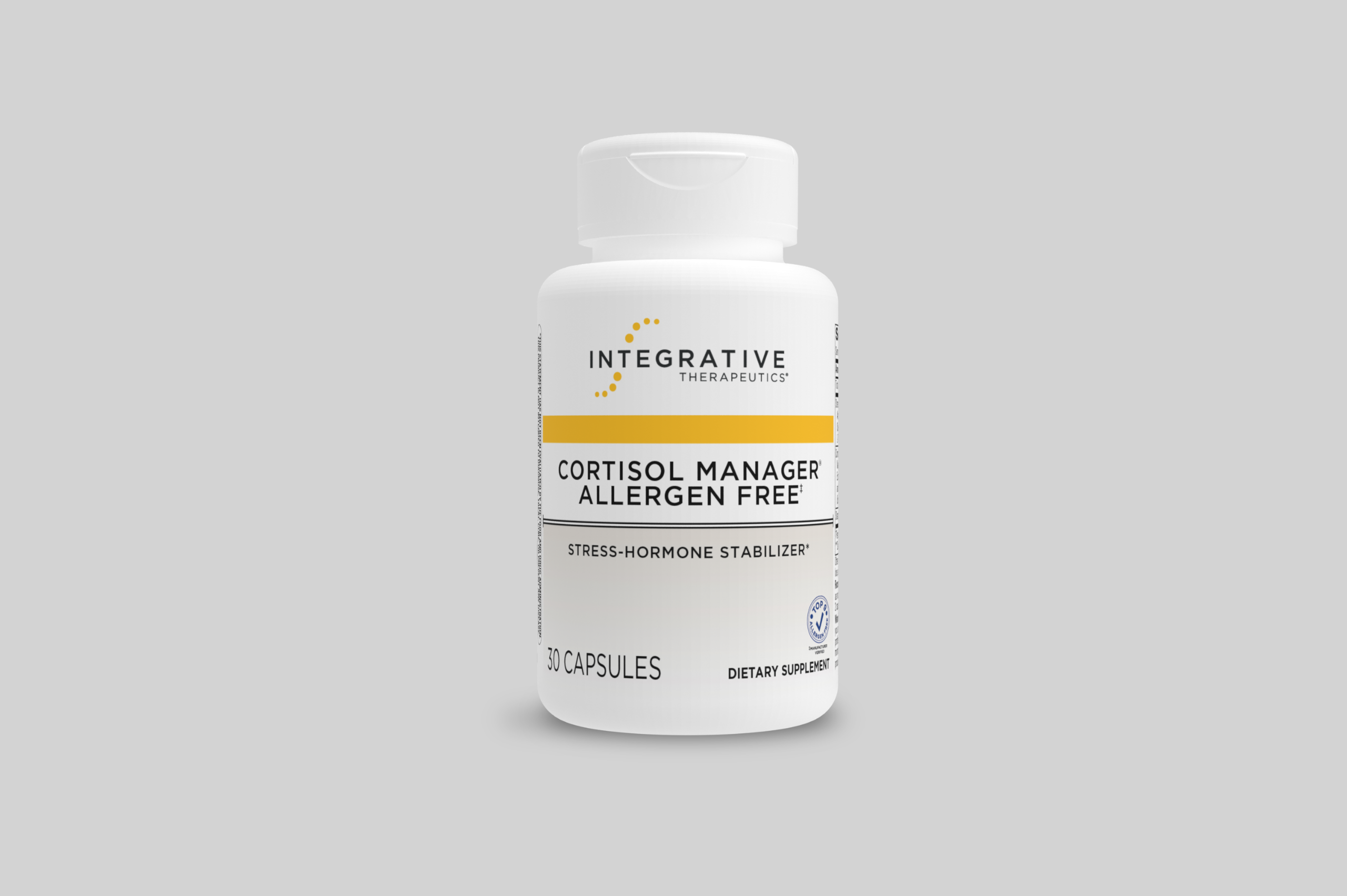 Cortisol Manager-supplement-photo Bottle of Cortisol Manager supplement by Integrative Therapeutics, a non-habit forming formula designed to support stress relief, hormone balance, and restful sleep.