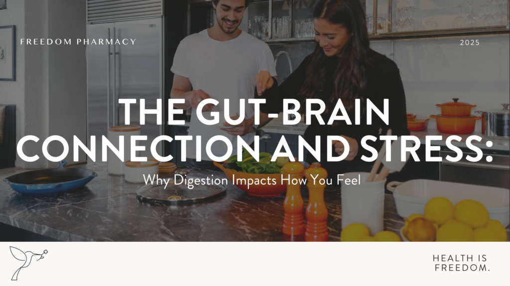 Man and woman preparing a healthy meal in a kitchen, representing the connection between gut health, stress, and emotional well-being.