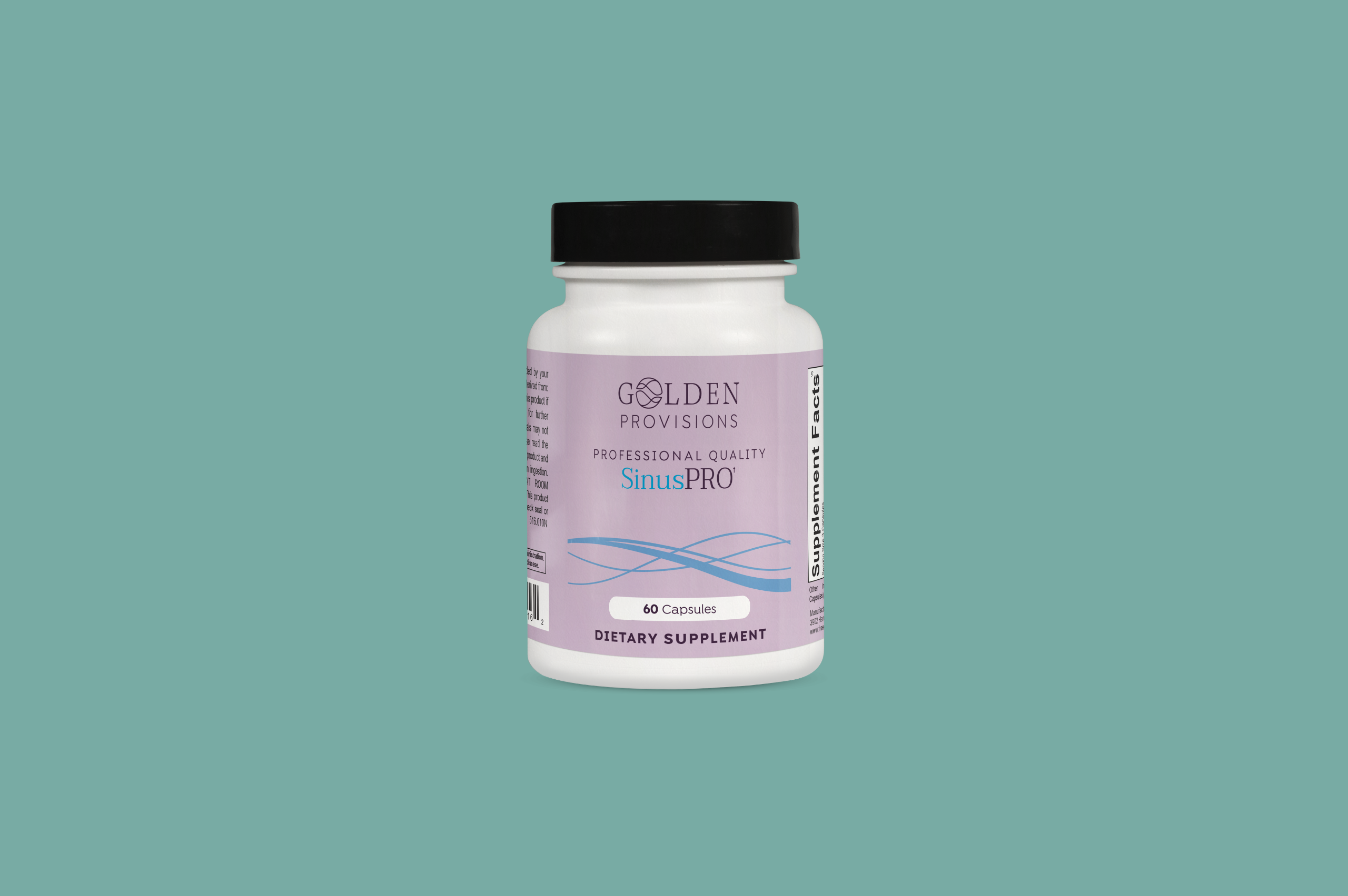 A bottle of Golden Provisions SinusPRO dietary supplement containing 60 capsules. The label highlights its professional quality and includes a soft lavender color design with blue accents. The supplement facts panel is partially visible on the right side of the bottle.